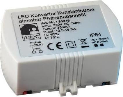 Rutec Convertisseur LED, 350mA, 10,5W-16,8W, 230V AC, dimmable par angle de phase, statique, IP64