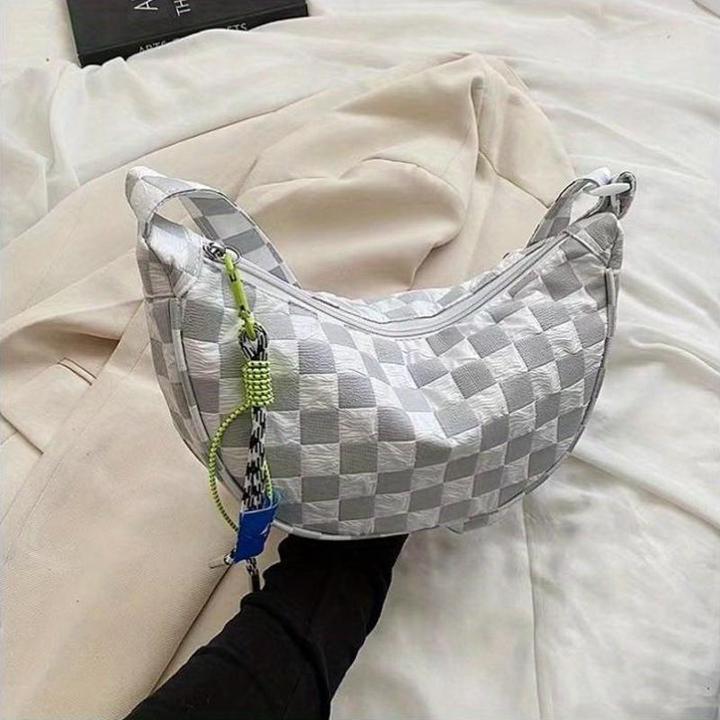 Actual product image Only-Bags.Store Chic plaid canvas crossbody bag - large capacity dumpling style with nylon lining & zip fastening