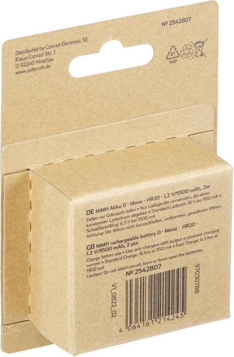 Produktbild Voltcraft Endurance Mono (D)-Akku NiMH 9500 mAh 1.2 V 2 St. (2 Stk., D, 9500 mAh)