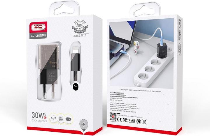Actual product image xO Clear wall charger CE05 PD 30W QC 3.0 18W 1x USB 1x USB-C brown + USB-C - Lightning cable (30 W)