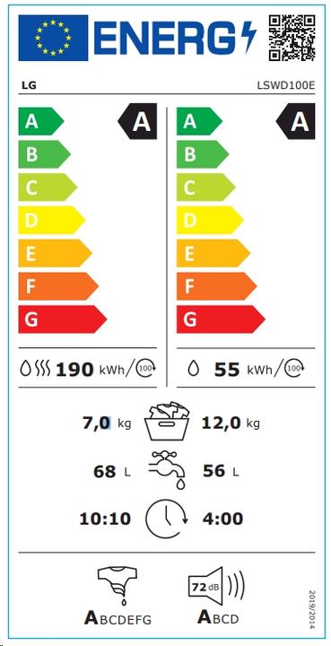 Label énergétique LG Lave-linge séchant LSWD100E Installation gratuite Chargement frontal Blanc A
