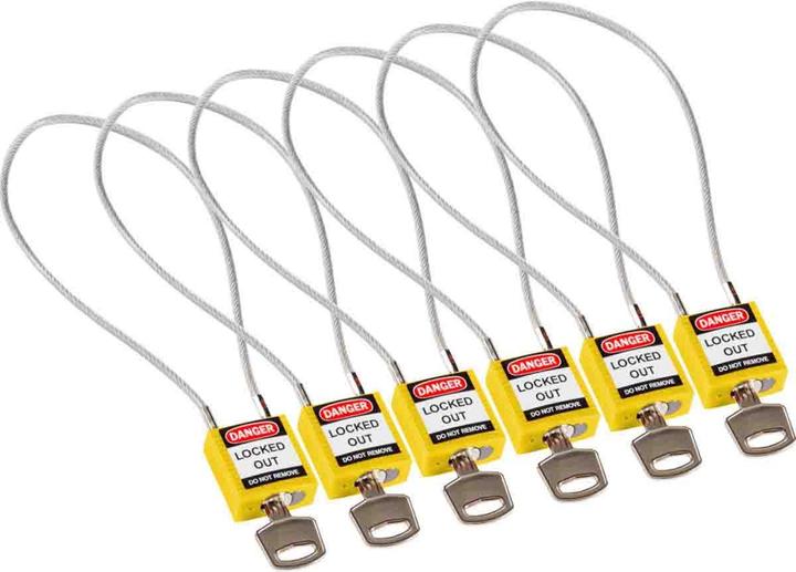 Productafbeelding Brady Compact nylon veiligheidsslot met kabelhaak, geel, 400 mm kabellengte, 4,7 mm met PVC-coating