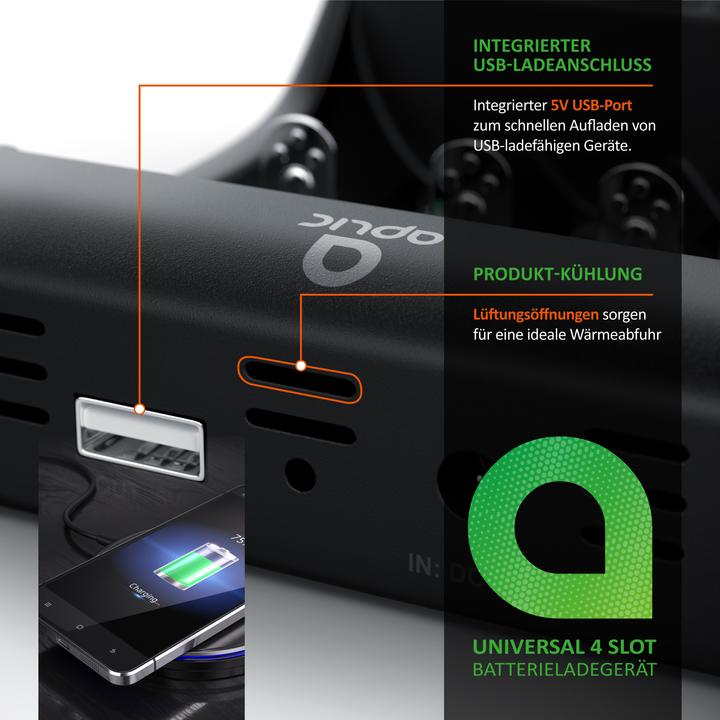 Produktbild Aplic Batterie Ladegerät 1000 mA, für Akku, mit USB-Ladeport für Li-ion / 18650 / Ni-MH / Ni-CD Akkus (18650, AA, AAA, Ladegerät ohne Akku)