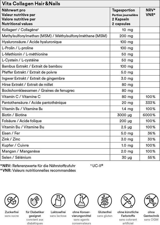 Nährwerte und Zutaten Vita Collagen Hair & Nails (120 Stück, Kapseln, 325 g)