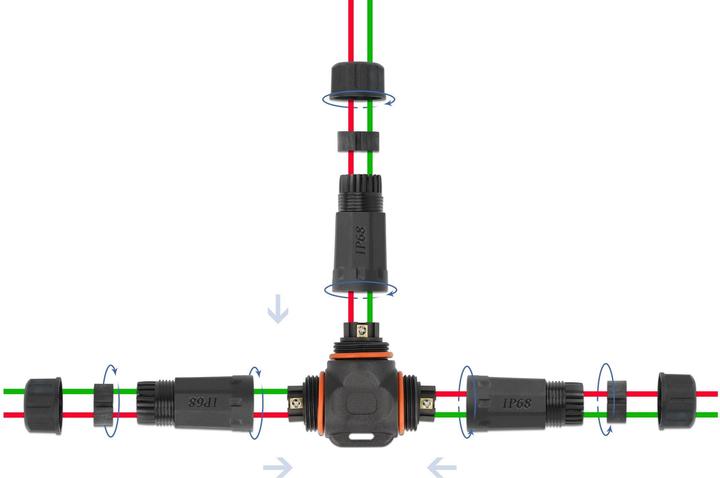 Produktbild Delock Kabelverbinder T-Form für Aussenbereich 2 Pin, IP68 wasserdicht, schraubbar, Kabeldurchmesser 4,5