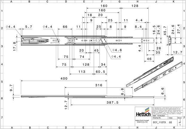 Produktbild Hettich Schubladenschiene Vollauszug 400 mm mit Anschlagdämpfung chromatiert 9126921 2 Stück