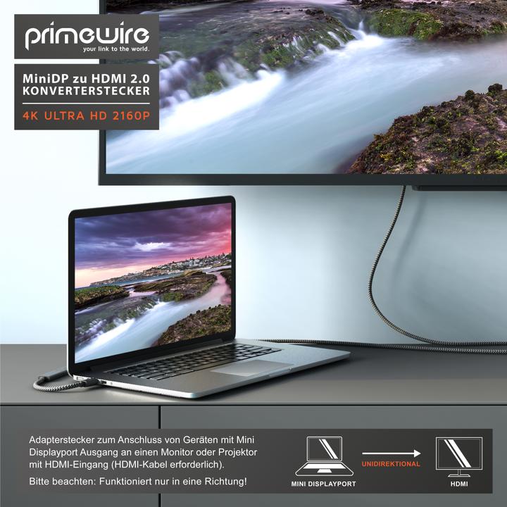 Actual product image Primewire 4K Mini Displayport to Hdmi 2.0 adapter, Mini DP cable, mDP adapter, 4K@60Hz, Thunderbolt (0.15 m, HDMI)