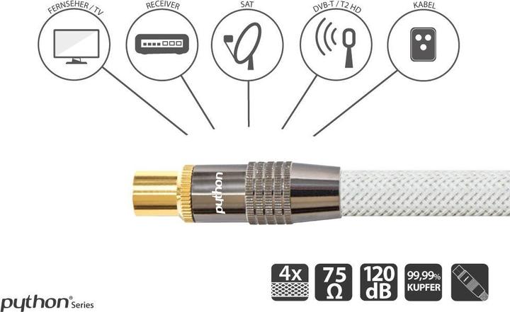 Produktbild Python SAT-Antennenkabel, IEC/Koax-Stecker auf Buchse vergoldet, Abschirmung 120 db, 75 Ohm, Nylongeflecht (120 dB, Antennenkabel)