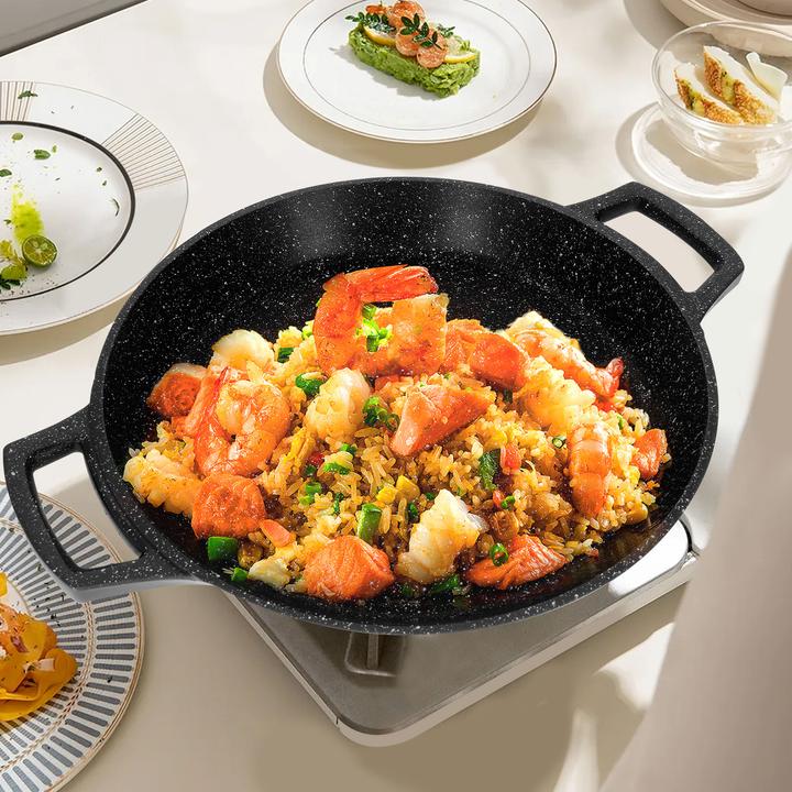 Image du produit Cheffinger Poêle à paella avec revêtement antiadhésif aspect marbre 32cm (28 cm, Poêle à paella, Aluminium)