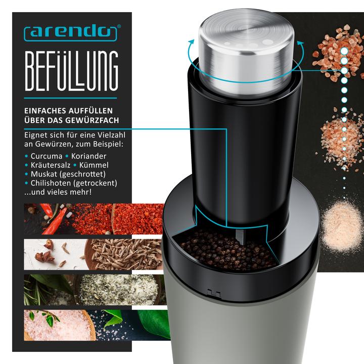 Produktbild Arendo Salz- & Pfeffermühle Elektrisch 2er Set, Gewürzmühlen, Edelstahl, einstellbar, Batteriebetrieben (Pfeffer, Kräuter, Salz)