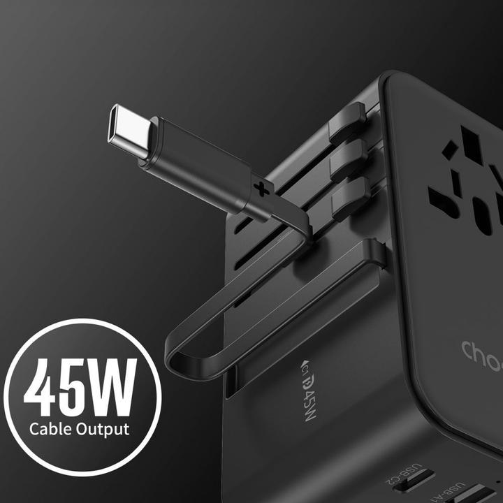 Image du produit Choetech PD5021 Adaptateur de voyage UE/US/AUS/UK 45W avec câble USB-C intégré - Noir