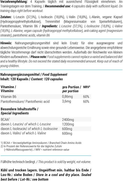 Nutritional values and ingredients Foodspring Bcaa (1 Piece, Capsules, 96 g)
