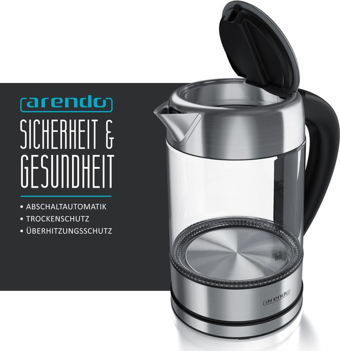 Produktbild Arendo Wasserkocher 1,7 l, 2200 W, Edelstahl mit Glaskörper, Temperaturwahl 40°C - 100°C, Aufkochfunktion (1.70 l)