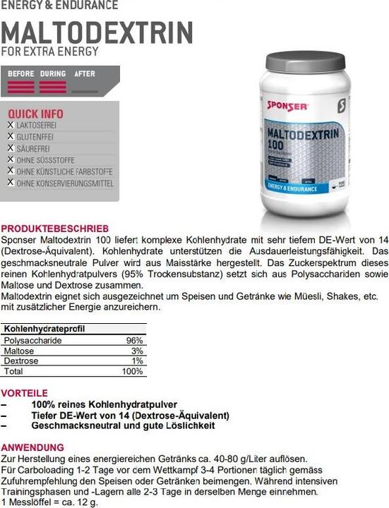 Nährwerte und Zutaten Sponser Maltodextrin 100 (Neutral, 1 Stk., 900 g)