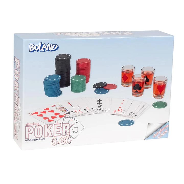 Produktbild Boland Trinkspiel Drinking Poker 120 Pokerchips, 1 Satz Spielkarten, 4 Glas-Schnapsgläser