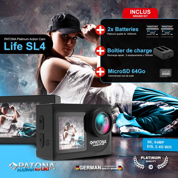 Actual product image Patona BIG SET Action Cam Life SL4 5K 120fps 64mp EIS 120° 6G Akkus+Dualladegerät+64GB Karte+Zubehör (Wi-Fi)