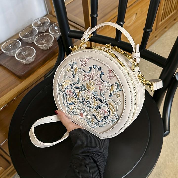 Produktbild Only-Bags.Store Elegante, mit Blumen bestickte Umhängetasche - Schicke Kunstleder-Schultertasche mit goldfarbener