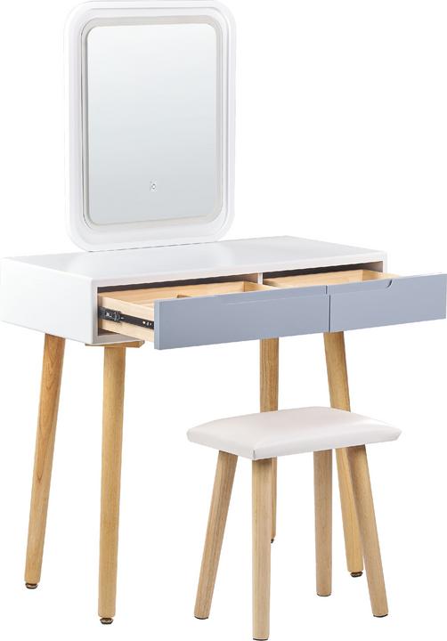 Actual product image Beliani Dressing Table with 2 Drawers, LED Mirror and Stool White/Grey DIEPPE (80 x 40 x 134 cm)
