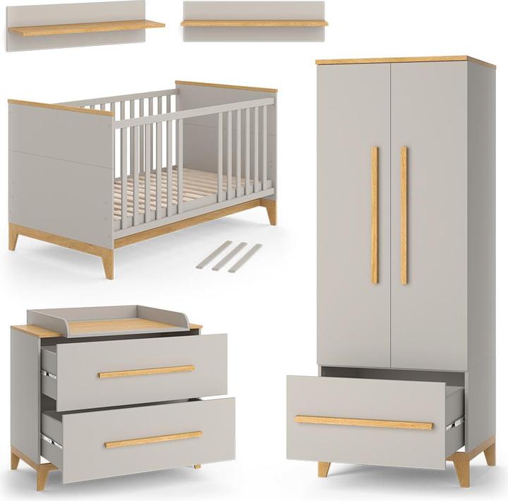 VitaliSpa Kinderzimmer-Set Malia, Cashmere-Eiche, 5 Teile (Babybett, Kinderkleiderschrank, Wickelkommode)