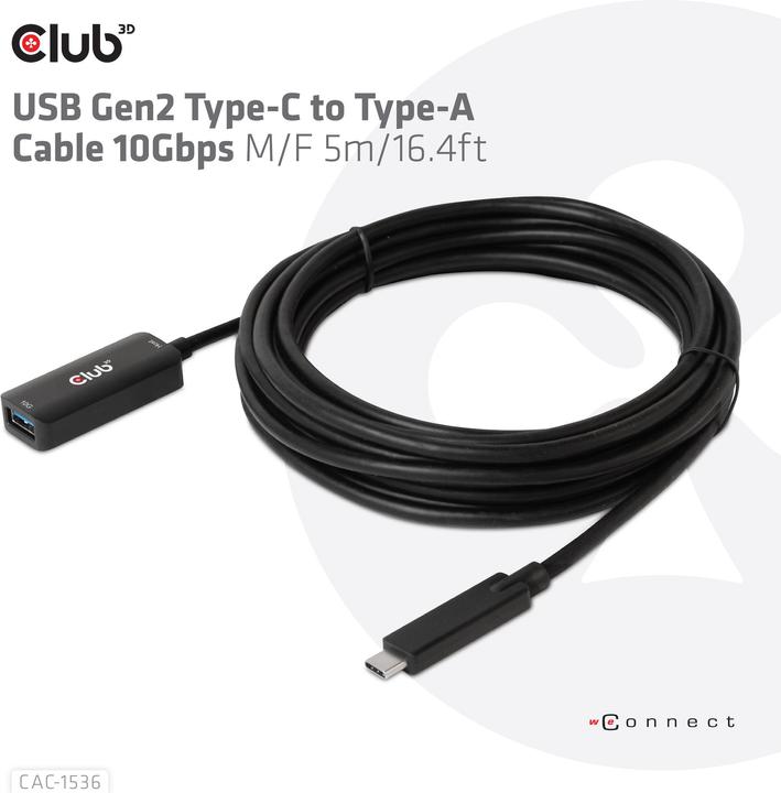 Actual product image Club 3D Club3D Cable USB 3.2 Type C <> USB Type A St/Bu (5 m, USB 3.1)