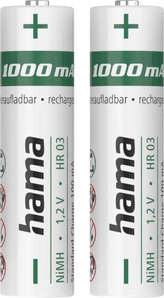 Hama Piles NiMH, AAA Micro, 1000 mAh, 1,2 V, 2 pièces (2 pcs, AAA, 1000 mAh)
