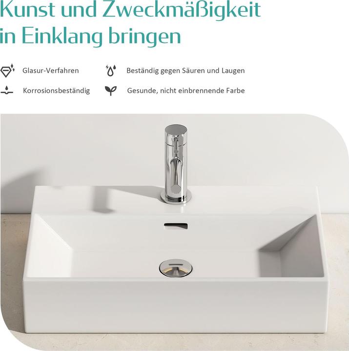 Produktbild Emke Aufsatzwaschbecken Keramik Waschbecken Eckiger Hängewaschbecken Waschtisch, Modernes Design für (360 mm, 600 mm)
