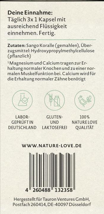 Valori nutrizionali e ingredienti Nature Love Sango Meereskoralle (90 Pezzo/i, Pillole, 109 g)