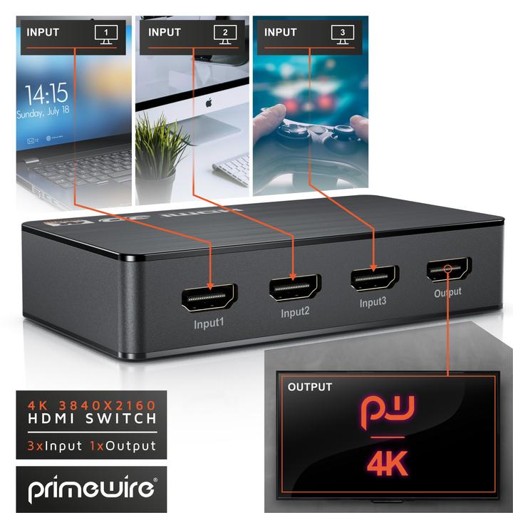 Immagine prodotto Primewire Switch HDMI 2.0b a 3 porte, distributore 4k 60Hz UHD, Ultra HD 4096x2160 HDR, telecomando