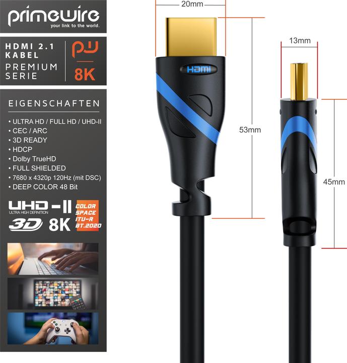 Actual product image Primewire HDMI cable 2.1, type A, 8k @ 120Hz 4K @ 240Hz / 4k @ 240Hz with DSC, UHD, HDR, eARC, VRR, 48 Gbit/s (1.50 m, HDMI)