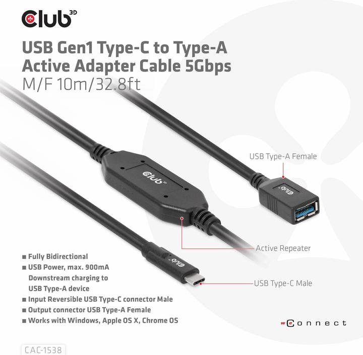 Actual product image Club 3D Club3D Cable USB 3.2 Type C <> USB Type A St/Bu (10 m, USB 3.2 Gen 1)