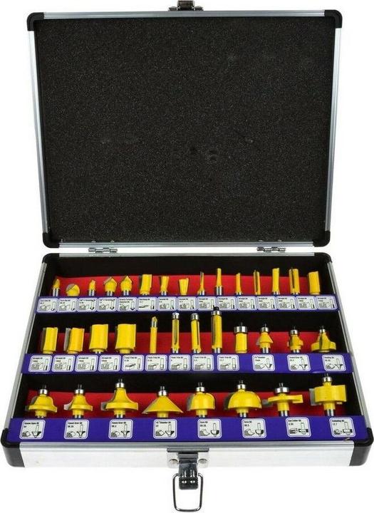 Actual product image GEKO Wood router bits with SK blades, 35-piece set, shank 8 mm, in metal box.