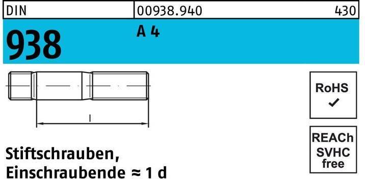 Immagine prodotto Bullone DIN 938 M 16 x 40 A 4 (10 Viti per pezzo)