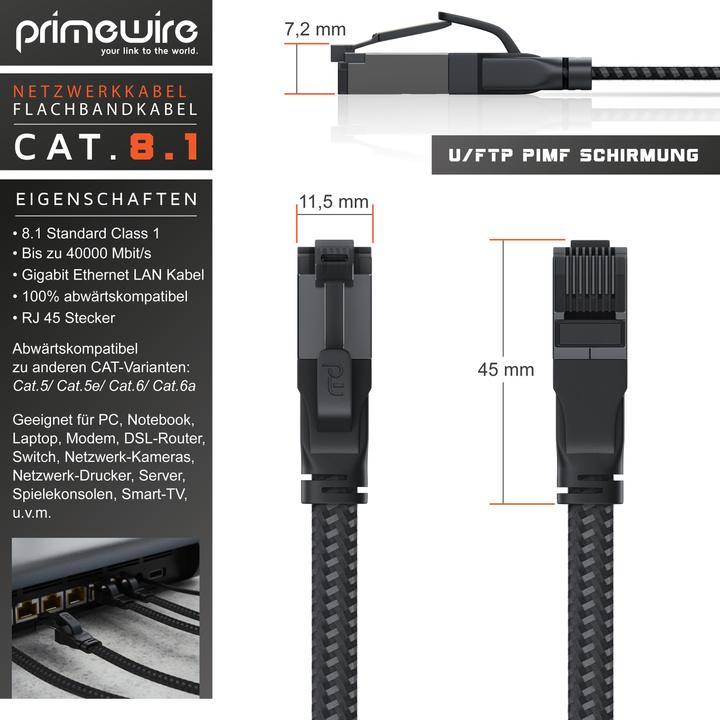 Produktbild Primewire LAN Kabel CAT.8, RJ-45, Ethernet CAT 8.1 Netzwerkkabel Flach 40 Gbits, Baumwollmantel Patchkabel (U/FTP, CAT8.1, 10 m)