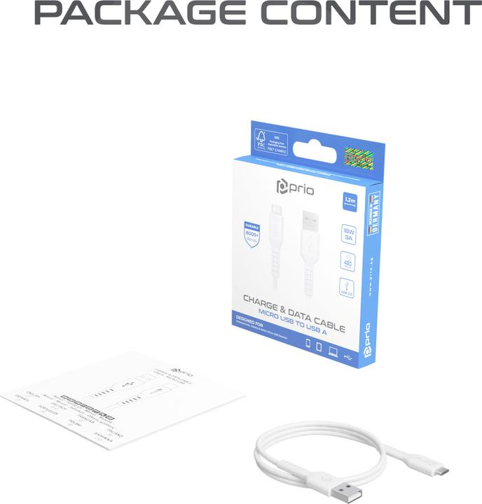 Actual product image prio Charge & Sync Micro USB to USB A Cable 1.2m white (1.20 m, USB 2.0)