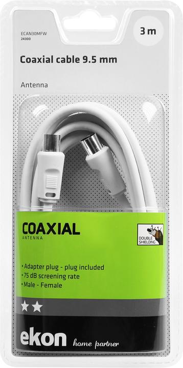 Image du produit Ekon Câble d'antenne mâle / femelle + adaptateur 75dB (Câble d'antenne)