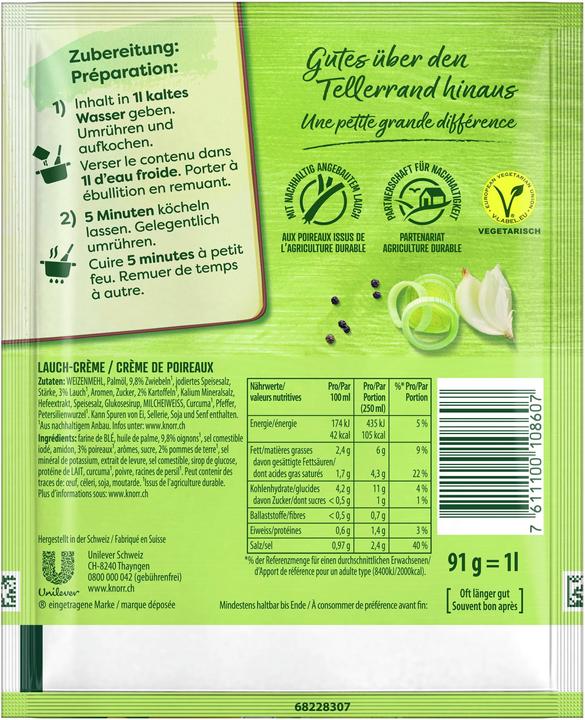 Valori nutrizionali e ingredienti Knorr Bustina di crema di porri, zuppa cremosa con pezzi di porro fini
