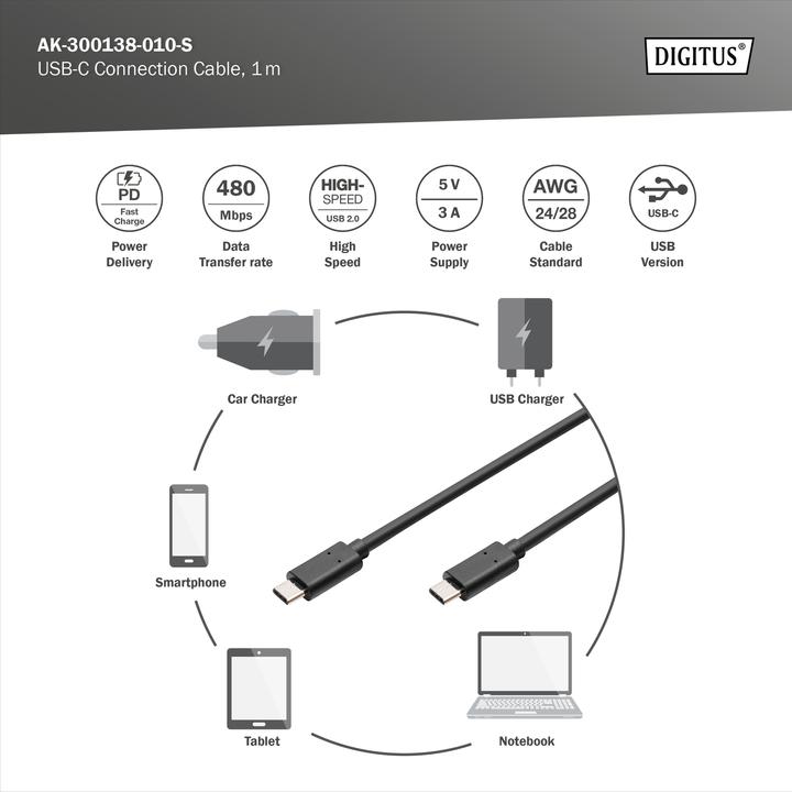 Produktbild Digitus USB Type-C™ Anschlusskabel, Type-C™ - C (1 m, USB 2.0)