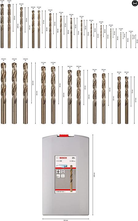 Actual product image Bosch Professional Zubehör PRO Stainless Steel HSS-Co twist drill set, 25 pcs. (1 mm, 1.5 mm, 2 mm, 2.5 mm, 3 mm, 3.5 mm, 4 mm, 4.5 mm, 5 mm, 5.5 mm, 6 mm, 6.5 mm, 7 mm, 7.5 mm, 8 mm, 8.5 mm, 9 mm, 9.5 mm, 10 mm, 10.5 mm, 11 mm, 11.5 mm, 12 mm, 12.5 mm, 13 mm)