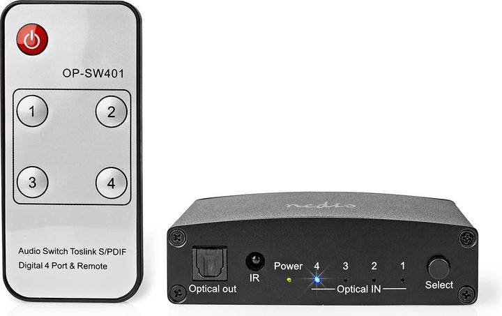 Actual product image Nedis Digital Audio Switch | 4-Way | Connectors - Input: DC Power / 4x TosLink | Connectors - Off (0.05 m)