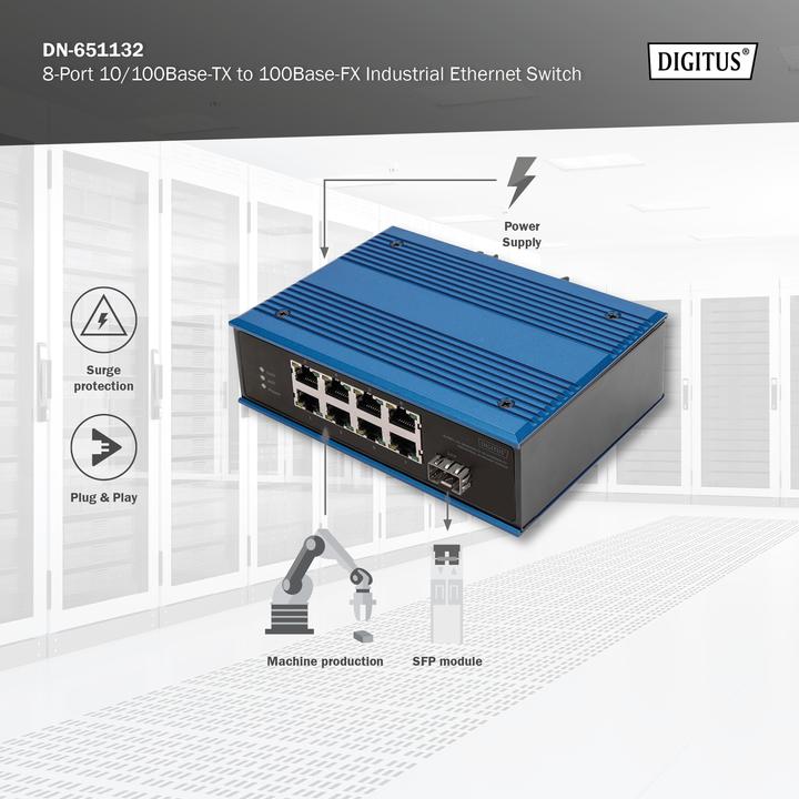 Produktbild Digitus 8-Port 10/100Base-TX to 100Base-FX Industrial Ethernet Switch (8 Ports)