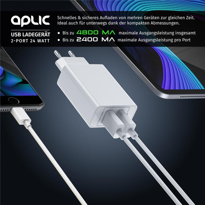 Image du produit Aplic Chargeur USB 4800 mA, banque d'énergie à 2 ports avec Smart Charge + Solid Charge, puissant 24W (24 W)