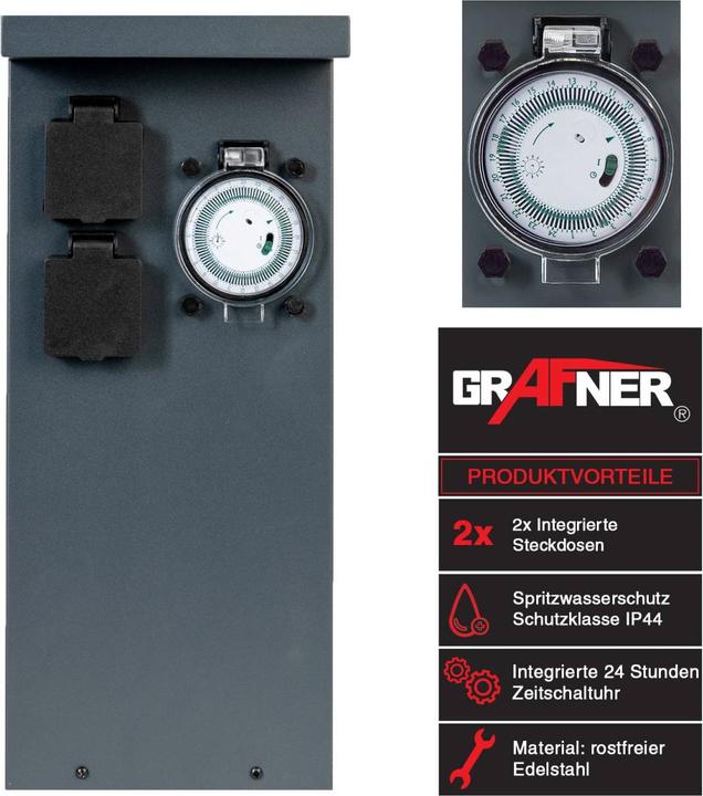 Actual product image Grafner Stainless Steel Socket Pillar with Timer 2 Outdoor Sockets Anthracite Garden Socket