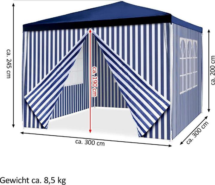Produktbild VCM Pavillon Partyzelt 3x3m blau weiss wasserdicht 4 Seitenteile Gartenzelt Eventzelt (300 cm, 300 cm)