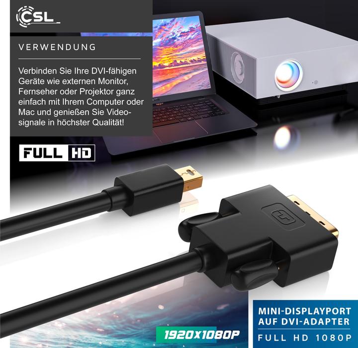 Actual product image CSL Mini DisplayPort to DVI Video Cable, miniDP Monitor Adapter Cable, for Apple, PC's & Notebooks (1 m, DisplayPort, DVI)