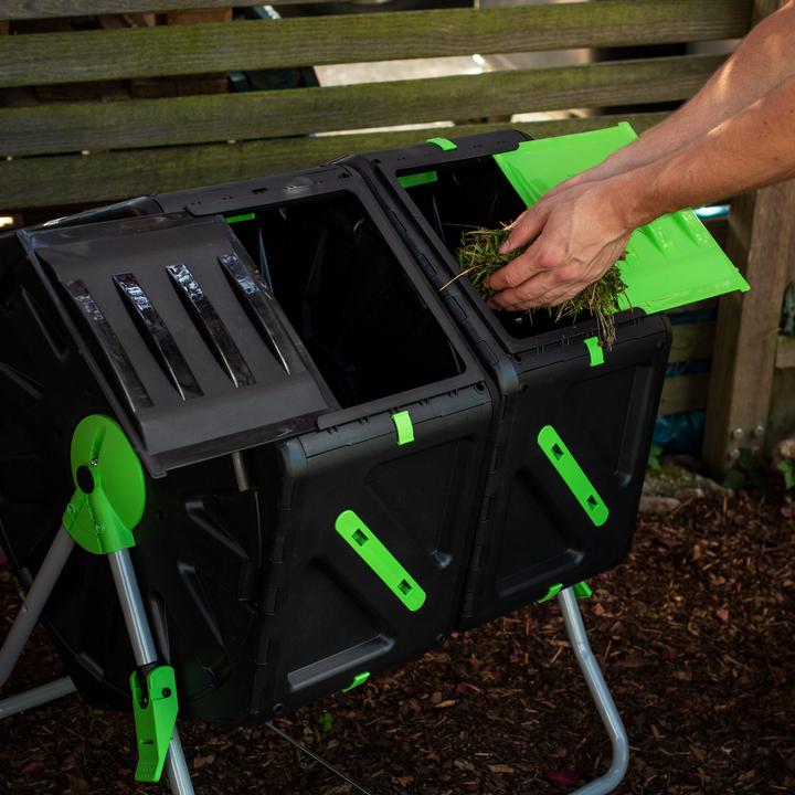Image du produit UPP Composteur à tambour 2 compartiments de 70 litres chacun Composteur à roulettes Composteur rapide (140 l)