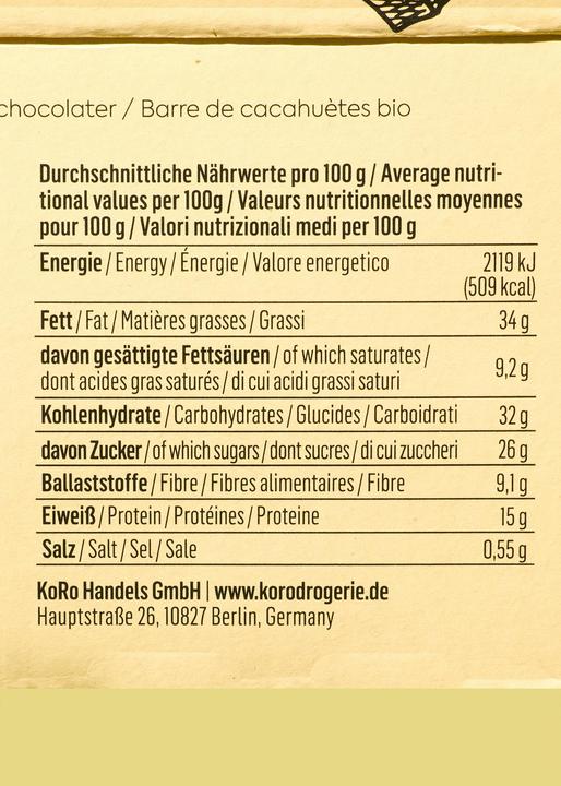 Valeurs nutritives et ingrédients KoRo Barre de cacahuètes bio enrobée de chocolat (1 pcs, 600 g)