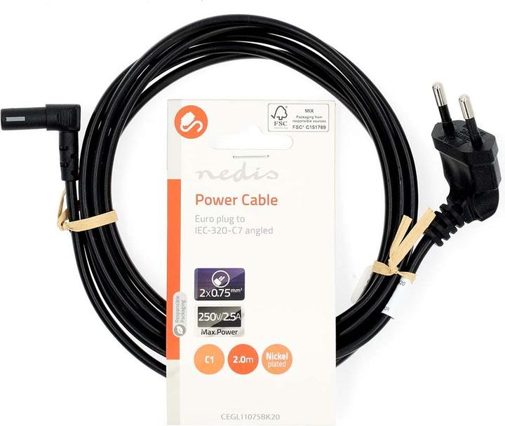 Image du produit Nedis Câble d'alimentation | Euro Mâle | IEC-320-C1 | Coudé | Coudé à 90° | Nickelé | 2.00 m (2 m)