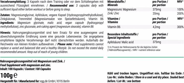 Nährwerte und Zutaten Foodspring Zn:Mg (1 Stück, Kapseln, 100 g)