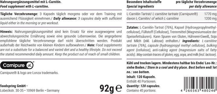 Nutritional values and ingredients Foodspring L-Carnitine (1 Piece, Capsules, 90 g)