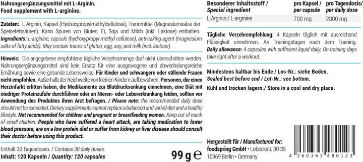 Valori nutrizionali e ingredienti Foodspring L-Arginina (1 Pezzo/i, Pillole, 99 g)